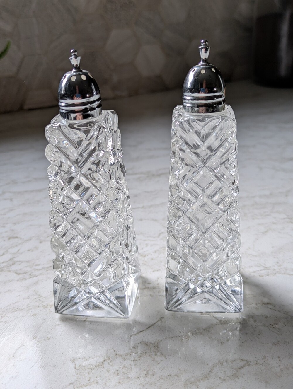 Crystal Cut Glass Salt and Pepper Shaker Set with Silver Tops.  Vintage